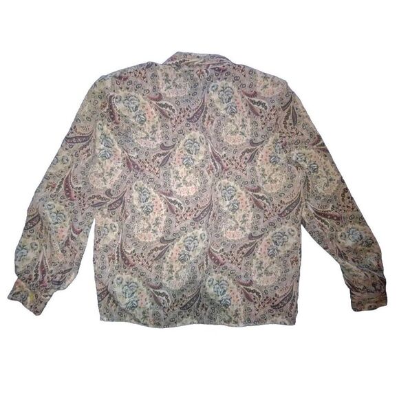 5/$25 EUC Sz 10P Womens Blue Pink Ruffle Neck Blouse Sheer Collared Paisley - Picture 3 of 8